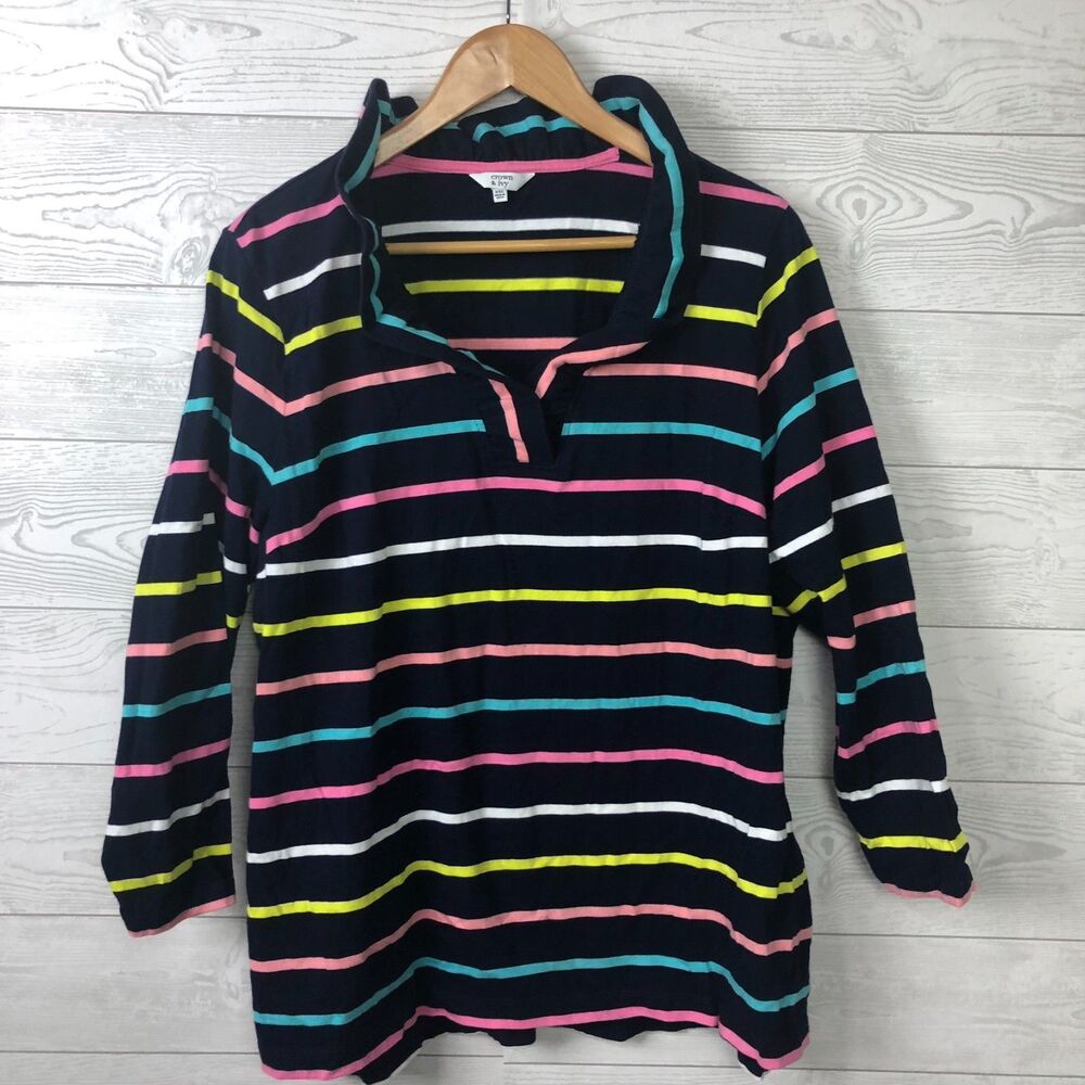 Crown & Ivy Women's XXL Colorful Striped Shirt Ruffle Collar 3/4 Sleeve Cotton